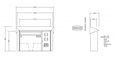 RENZ Briefkastenanlage Aufputz Prisma Edelstahl V4A Kastenformat 370x330x100mm, mit Klingel - & Lichttaster und Vorbereitung Gegensprechanlage, 1-teilig, Renz Nummer 10-0-25851