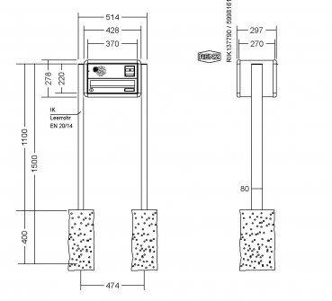 RENZ Briefkastenanlage freistehend, RS4000, Kastenformat 370x110x270mm, 1-teilig, zum Einbetonieren, Vorbereitung Gegensprechanlage