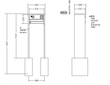 RENZ Briefkastenanlage freistehend, TETRO, Kastenformat 370x110x270mm, 1-teilig, zum Einbetonieren, Vorbereitung Gegensprechanlage