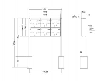 RENZ Briefkastenanlage freistehend, Basic B, Kastenformat 370x330x145mm, 6-teilig, zum Einbetonieren, Renz Nummer 10-0-10005