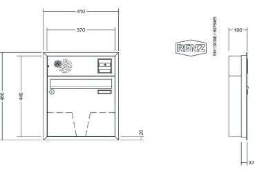 RENZ Briefkastenanlage Unterputz, Eckrahmen, Kastenformat 370x330x100mm, mit Klingel - & Lichttaster und Vorbereitung Gegensprechanlage, 1-teilig, Renz Nummer 10-0-25015