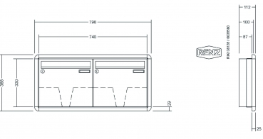 RENZ Briefkastenanlage Unterputz, RS3000, Kastenformat 370x330x100mm, 2-teilig, Renz Nummer 10-0-25027