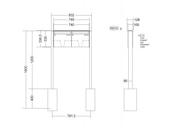 RENZ Briefkastenanlage freistehend, Basic B, Kastenformat 370x330x100mm, 2-teilig, zum Einbetonieren, Renz Nummer 10-0-25044