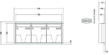 RENZ Briefkastenanlage Unterputz, RS3000, Kastenformat 260x330x100mm, 3-teilig, Renz Nummer 10-0-25053