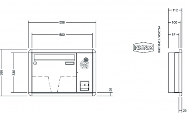 RENZ Briefkastenanlage Unterputz, RS3000, Kastenformat 370x330x100mm, mit Klingel - & Lichttaster und Vorbereitung Gegensprechanlage, 1-teilig, Renz Nummer 10-0-25059