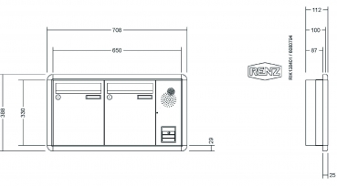 RENZ Briefkastenanlage Unterputz, RS3000, Kastenformat 260x330x100mm, mit Klingel - & Lichttaster und Vorbereitung Gegensprechanlage, 2-teilig, Renz Nummer 10-0-25109