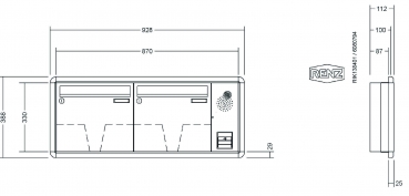 RENZ Briefkastenanlage Unterputz, RS3000, Kastenformat 370x330x100mm, mit Klingel - & Lichttaster und Vorbereitung Gegensprechanlage, 2-teilig, Renz Nummer 10-0-25111