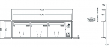 RENZ Briefkastenanlage Unterputz, RS3000, Kastenformat 370x330x100mm, mit Klingel - & Lichttaster und Vorbereitung Gegensprechanlage, 3-teilig, Renz Nummer 10-0-25149