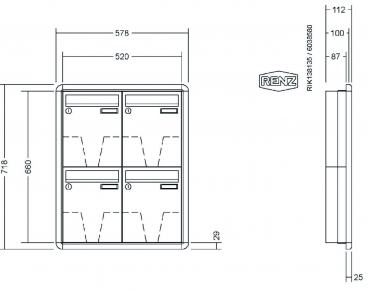 RENZ Briefkastenanlage Unterputz, RS3000, Kastenformat 260x330x100mm, 4-teilig, Renz Nummer 10-0-25159