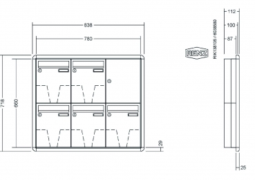 RENZ Briefkastenanlage Unterputz, RS3000, Kastenformat 260x330x100mm, 5-teilig, Renz Nummer 10-0-25171