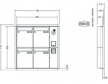 RENZ Briefkastenanlage Unterputz, RS3000, Kastenformat 260x330x100mm, mit Klingel - & Lichttaster und Vorbereitung Gegensprechanlage, 4-teilig, Renz Nummer 10-0-25179