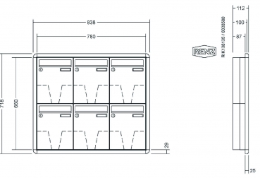 RENZ Briefkastenanlage Unterputz, RS3000, Kastenformat 260x330x100mm, 6-teilig, Renz Nummer 10-0-25231