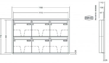 RENZ Briefkastenanlage Unterputz, RS3000, Kastenformat 370x330x100mm, 6-teilig, Renz Nummer 10-0-25233