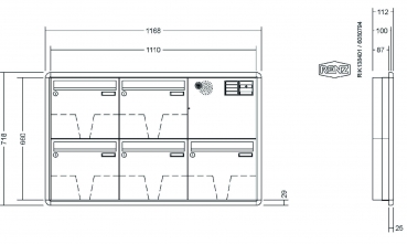 RENZ Briefkastenanlage Unterputz, RS3000, Kastenformat 370x330x100mm, mit Klingel - & Lichttaster und Vorbereitung Gegensprechanlage, 5-teilig, Renz Nummer 10-0-25241