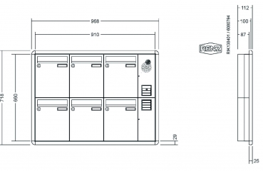 RENZ Briefkastenanlage Unterputz, RS3000, Kastenformat 260x330x100mm, mit Klingel - & Lichttaster und Vorbereitung Gegensprechanlage, 6-teilig, Renz Nummer 10-0-25247
