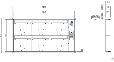 RENZ Briefkastenanlage Unterputz, RS3000, Kastenformat 370x330x100mm, mit Klingel - & Lichttaster und Vorbereitung Gegensprechanlage, 6-teilig, Renz Nummer 10-0-25249