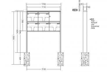 RENZ Briefkastenanlage freistehend, RS2000, Kastenformat 370x330x100mm, 5-teilig, zum Einbetonieren, Renz Nummer 10-0-25353