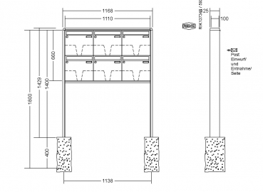 RENZ Briefkastenanlage freistehend, RS2000, Kastenformat 370x330x100mm, 6-teilig, zum Einbetonieren, Renz Nummer 10-0-25355