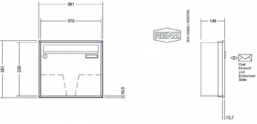 RENZ Briefkastenanlage Unterputz, Schattenfugenrahmen, Kastenformat 370x330x145mm, 1-teilig, Renz Nummer 10-0-35030