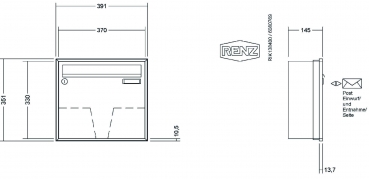 RENZ Briefkastenanlage Unterputz, Schattenfugenrahmen, Kastenformat 370x330x145mm, 1-teilig, Renz Nummer 10-0-35030