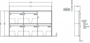 RENZ Briefkastenanlage Unterputz, Schattenfugenrahmen, Kastenformat 370x330x145mm, 5-teilig, Renz Nummer 10-0-35034