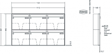 RENZ Briefkastenanlage Unterputz, Schattenfugenrahmen, Kastenformat 370x330x145mm, 6-teilig, Renz Nummer 10-0-35035