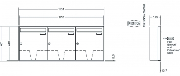 RENZ Briefkastenanlage Unterputz, Schattenfugenrahmen, Kastenformat 370x440x145mm, 3-teilig, Renz Nummer 10-0-35038