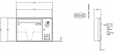 RENZ Briefkastenanlage Unterputz, Schattenfugenrahmen, Kastenformat 370x330x100mm, mit Klingel - & Lichttaster und Vorbereitung Gegensprechanlage, 1-teilig, Renz Nummer 10-0-35043