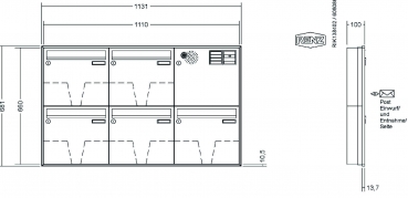 RENZ Briefkastenanlage Unterputz, Schattenfugenrahmen, Kastenformat 370x330x100mm, mit Klingel - & Lichttaster und Vorbereitung Gegensprechanlage, 5-teilig, Renz Nummer 10-0-35047