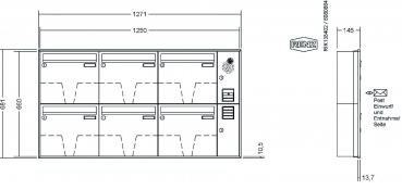 RENZ Briefkastenanlage Unterputz, Schattenfugenrahmen, Kastenformat 370x330x145mm, mit Klingel - & Lichttaster und Vorbereitung Gegensprechanlage, 6-teilig, Renz Nummer 10-0-35055