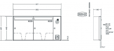 RENZ Briefkastenanlage Unterputz, Schattenfugenrahmen, Kastenformat 370x440x145mm, mit Klingel - & Lichttaster und Vorbereitung Gegensprechanlage, 2-teilig, Renz Nummer 10-0-35058