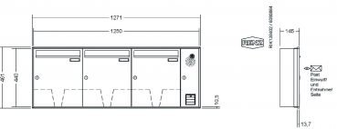 RENZ Briefkastenanlage Unterputz, Schattenfugenrahmen, Kastenformat 370x440x145mm, mit Klingel - & Lichttaster und Vorbereitung Gegensprechanlage, 3-teilig, Renz Nummer 10-0-35059