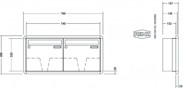 RENZ Briefkastenanlage Unterputz, RS3000, Kastenformat 370x330x145mm, 2-teilig, Renz Nummer 10-0-34113