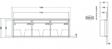 RENZ Briefkastenanlage Unterputz, RS3000, Kastenformat 370x330x145mm, 3-teilig, Renz Nummer 10-0-34114