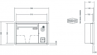 RENZ Briefkastenanlage Unterputz, RS3000, Kastenformat 370x330x145mm, mit Klingel - & Lichttaster und Vorbereitung Gegensprechanlage, 1-teilig, Renz Nummer 10-0-35145