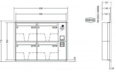 RENZ Briefkastenanlage Unterputz, RS3000, Kastenformat 370x330x145mm, mit Klingel - & Lichttaster und Vorbereitung Gegensprechanlage, 4-teilig, Renz Nummer 10-0-35148