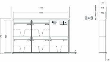 RENZ Briefkastenanlage Unterputz, RS3000, Kastenformat 370x330x145mm, mit Klingel - & Lichttaster und Vorbereitung Gegensprechanlage, 5-teilig, Renz Nummer 10-0-35149