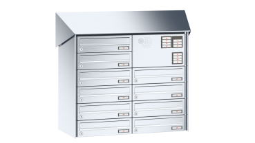 RENZ Briefkastenanlage, Aufputz, Prisma, Edelstahl V4A, Kastenformat 370x110x270mm, mit Klingel - & Lichttaster und Vorbereitung Gegensprechanlage, 10-teilig