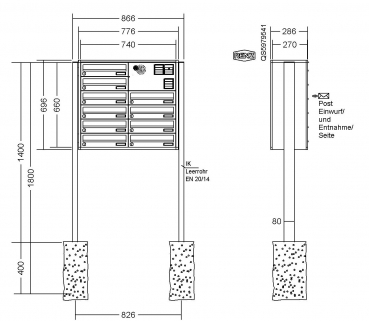 RENZ Briefkastenanlage freistehend, Quadra, Kastenformat 370x110x270mm, 10-teilig, zum Einbetonieren