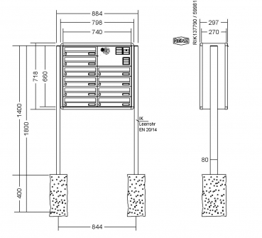 RENZ Briefkastenanlage freistehend, RS4000, Kastenformat 370x110x270mm, 10-teilig, zum Einbetonieren, Vorbereitung Gegensprechanlage