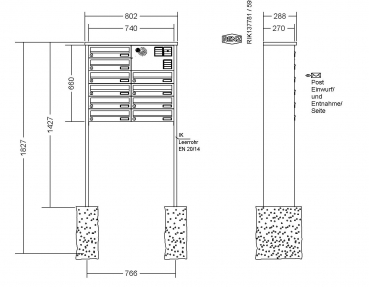 RENZ Briefkastenanlage freistehend, TETRO, Kastenformat 370x110x270mm, 10-teilig, zum Einbetonieren, Vorbereitung Gegensprechanlage