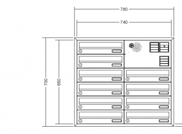 RENZ Briefkastenanlage Unterputz, Winkelputzabdeckrahmen, Kastenformat 370x110x270mm, Vorbereitung Gegensprechanlage, 10-teilig