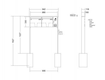 RENZ Briefkastenanlage freistehend, Tetro, Kastenformat 370x330x100mm, mit Klingel - & Lichttaster und Vorbereitung Gegensprechanlage, 2-teilig, zum Einbetonieren, Renz Nummer 10-0-10190