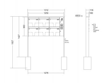 RENZ Briefkastenanlage freistehend, Tetro, Kastenformat 370x330x100mm, mit Klingel - & Lichttaster und Vorbereitung Gegensprechanlage, 6-teilig, zum Einbetonieren, Renz Nummer 10-0-10194