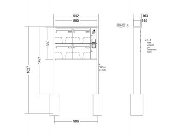 RENZ Briefkastenanlage freistehend, Tetro, Kastenformat 370x330x145mm, mit Klingel - & Lichttaster und Vorbereitung Gegensprechanlage, 4-teilig, zum Einbetonieren, Renz Nummer 10-0-10199