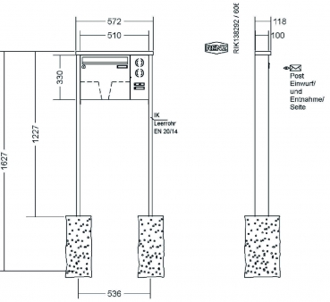 RENZ Briefkastenanlage freistehend, Tetro, Edelstahl V4A, Kastenformat 370x330x100mm, mit Klingel - & Lichttaster und Vorbereitung Gegensprechanlage, 1-teilig, zum Einbetonieren, Renz Nummer 10-0-10240