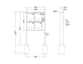 RENZ Briefkastenanlage freistehend, Tetro, Kastenformat 370x440x145mm, mit Klingel - & Lichttaster und Vorbereitung Gegensprechanlage, 4-teilig, zum Einbetonieren, Renz Nummer 10-0-10306