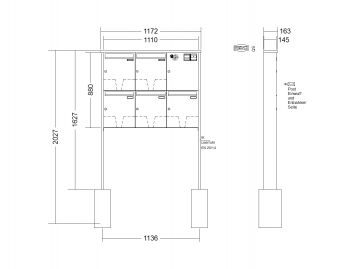 RENZ Briefkastenanlage freistehend, Tetro, Kastenformat 370x440x145mm, mit Klingel - & Lichttaster und Vorbereitung Gegensprechanlage, 5-teilig, zum Einbetonieren, Renz Nummer 10-0-10307