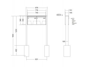 RENZ Briefkastenanlage freistehend, Quadra, Kastenformat 370x330x145mm, 2-teilig, zum Einbetonieren, Renz Nummer 10-0-10310