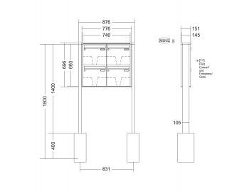 RENZ Briefkastenanlage freistehend, Quadra, Kastenformat 370x330x145mm, 4-teilig, zum Einbetonieren, Renz Nummer 10-0-10312